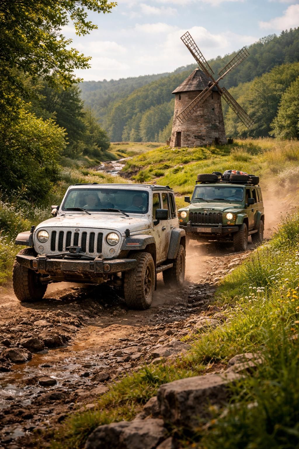 découvrez les moulins de campagne accessibles en 4x4 avec les jeep wrangler et land rover defender, parfaits pour explorer les chemins ruraux en toute aventure.